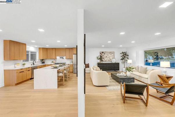 Interior, Kitchen, Living room, Recessed Lighting, Wood Texture Flooring