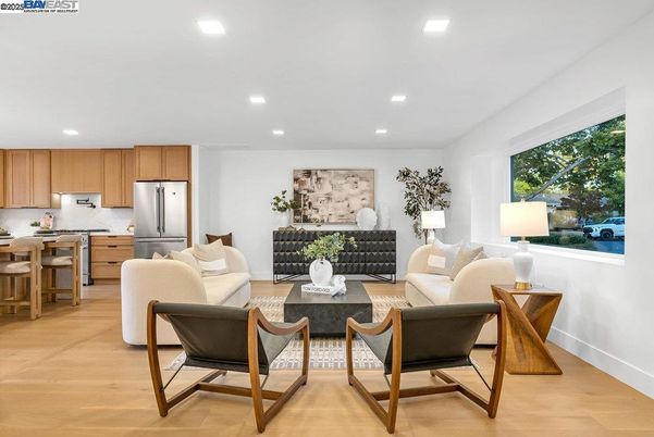 Interior, Kitchen, Living room, Recessed Lighting, Stainless Steel Appliances, Wood Texture Flooring