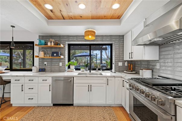 Interior, Kitchen, Pendant Lights, Recessed Lighting, Stainless Steel Appliances, Wooden Ceilings, Wood Texture Flooring