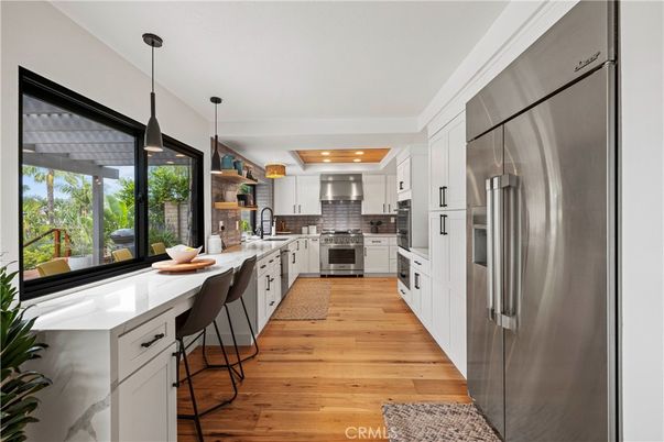 Interior, Kitchen, Pendant Lights, Recessed Lighting, Stainless Steel Appliances, Wood Texture Flooring