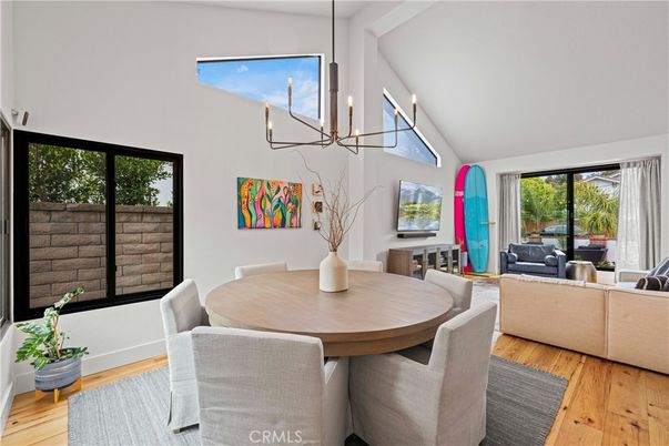 Dining room, Interior, Living room, Pendant Lights, Wood Texture Flooring