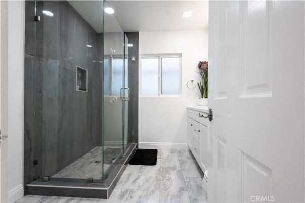 Bathroom, Glass Shower, Interior, Marble, Recessed Lighting