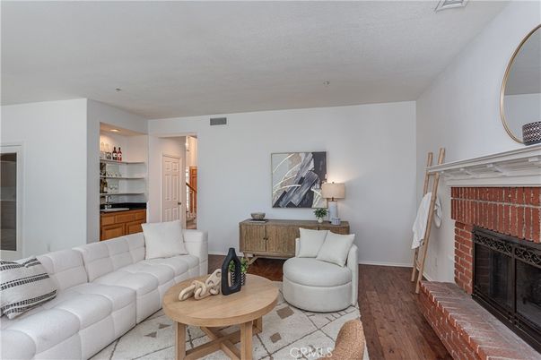 Fireplace, Interior, Living room, Recessed Lighting, Wood Texture Flooring