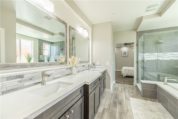 Bathroom, Dual Sink Vanities, Glass Shower, Interior, Wood Texture Flooring