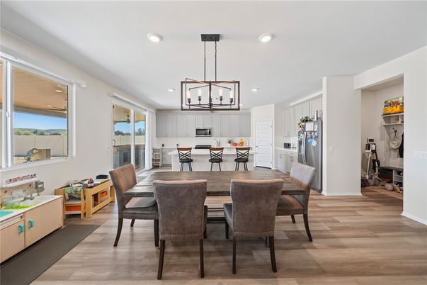 Dining room, Interior, Kitchen, Pendant Lights, Recessed Lighting, Wood Texture Flooring