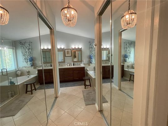 Bathroom, Chandelier, Dual Sink Vanities, Glass Shower, Interior, Pendant Lights
