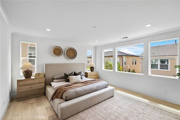 Bedroom, Interior, Recessed Lighting, Wood Texture Flooring