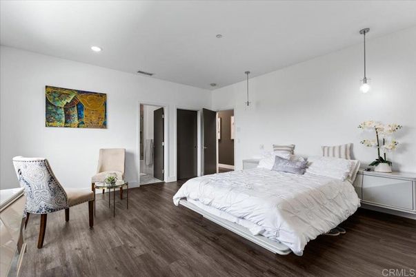 Bedroom, Interior, Pendant Lights, Recessed Lighting, Wood Texture Flooring