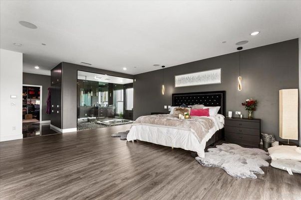 Bedroom, Interior, Pendant Lights, Recessed Lighting, Wood Texture Flooring