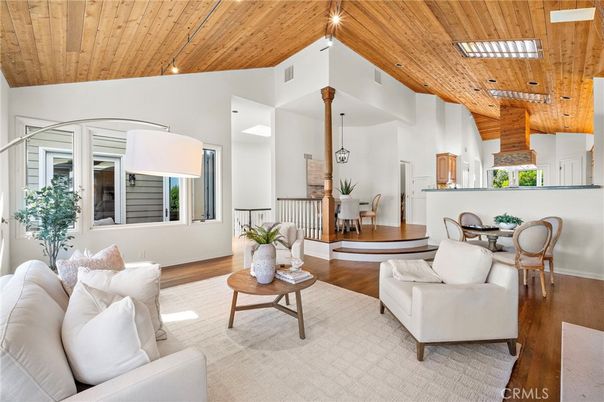 Dining room, Fireplace, Interior, Living room, Pendant Lights, Recessed Lighting, Wooden Ceilings, Wood Texture Flooring