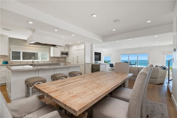 Dining room, Interior, Kitchen, Recessed Lighting, Stainless Steel Appliances, Water, Wood Texture Flooring