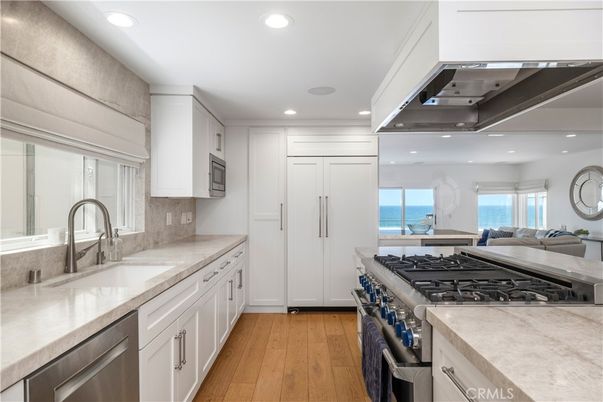 Interior, Kitchen, Recessed Lighting, Stainless Steel Appliances, Water, Wood Texture Flooring