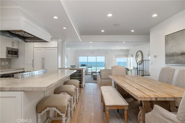 Dining room, Interior, Kitchen, Recessed Lighting, Water, Wood Texture Flooring