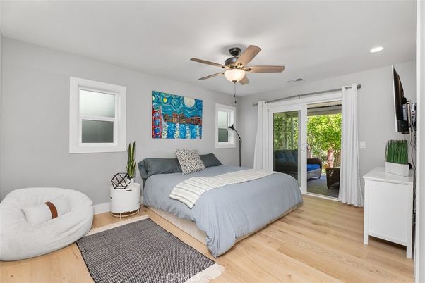 Bedroom, Interior, Recessed Lighting, Wood Texture Flooring