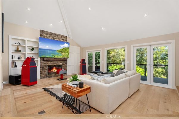 Fireplace, Interior, Living room, Recessed Lighting, Wood Texture Flooring