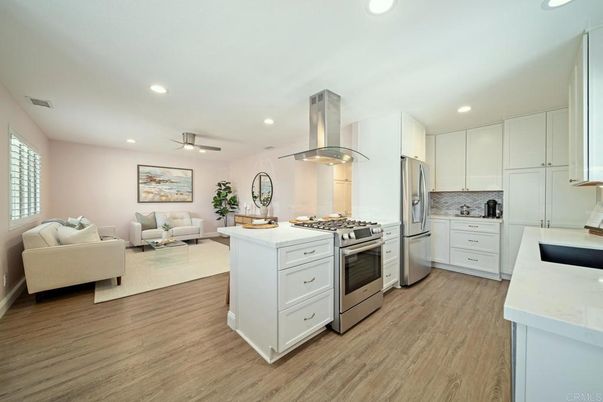 Interior, Kitchen, Living room, Recessed Lighting, Stainless Steel Appliances, Wood Texture Flooring