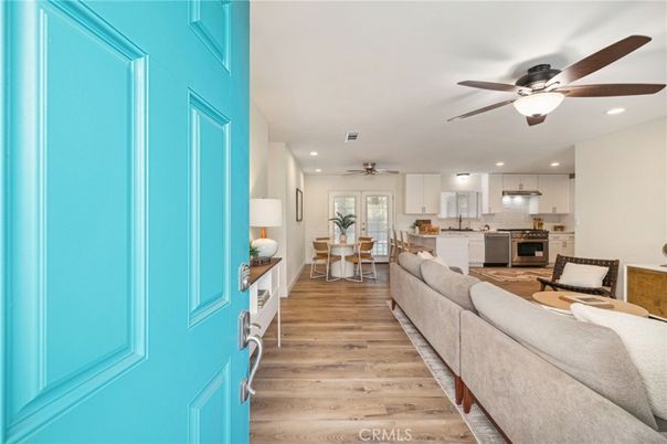 Dining room, Interior, Kitchen, Living room, Recessed Lighting, Stainless Steel Appliances, Wood Texture Flooring