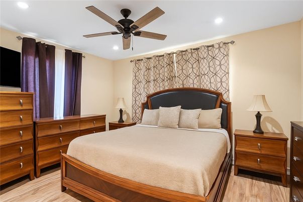 Bedroom, Interior, Recessed Lighting, Wood Texture Flooring