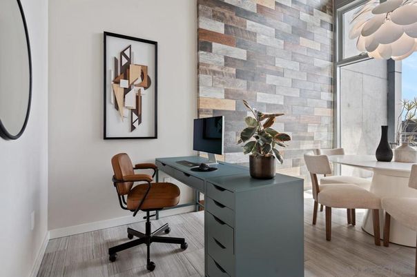 Home Office, Interior, Stone Walls, Wood Texture Flooring