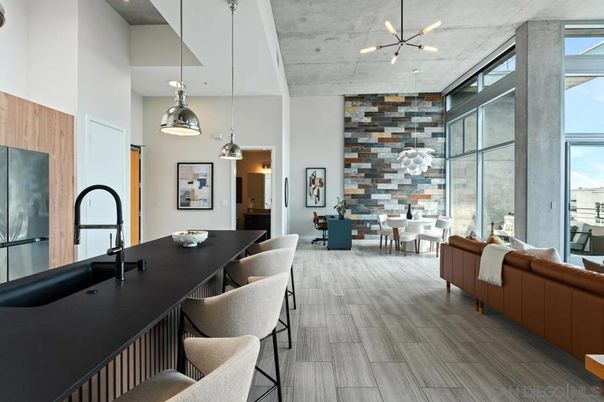 Dining room, Interior, Pendant Lights, Stone Walls, Wood Texture Flooring