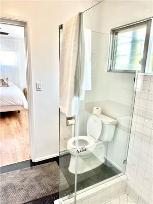 Bathroom, Bedroom, Glass Shower, Interior, Wood Texture Flooring