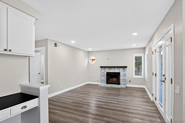 Empty room, Fireplace, Interior, Recessed Lighting, Wood Texture Flooring