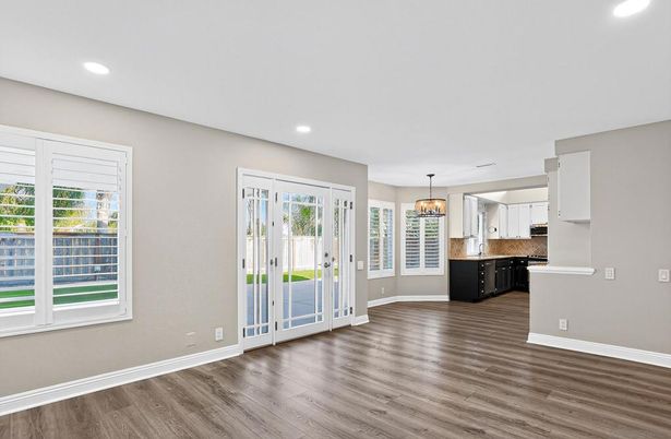 Chandelier, Empty room, Interior, Kitchen, Pendant Lights, Recessed Lighting, Wood Texture Flooring