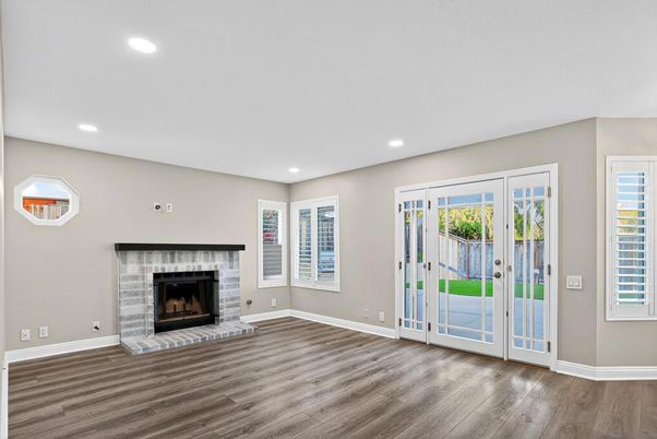 Empty room, Fireplace, Interior, Recessed Lighting, Wood Texture Flooring