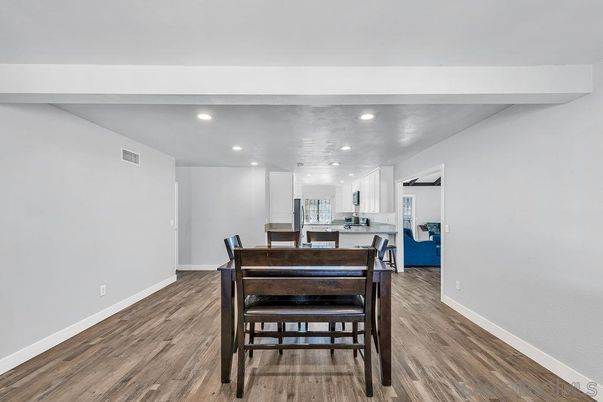 Dining room, Interior, Kitchen, Recessed Lighting, Wood Texture Flooring