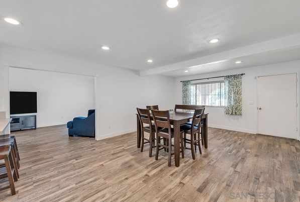 Dining room, Interior, Recessed Lighting, Wood Texture Flooring