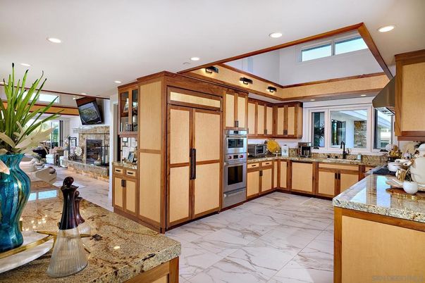Fireplace, Interior, Kitchen, Marble, Recessed Lighting, Stainless Steel Appliances