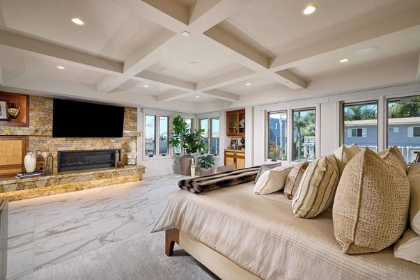 Bedroom, Fireplace, Interior, Marble, Recessed Lighting, Stone Walls