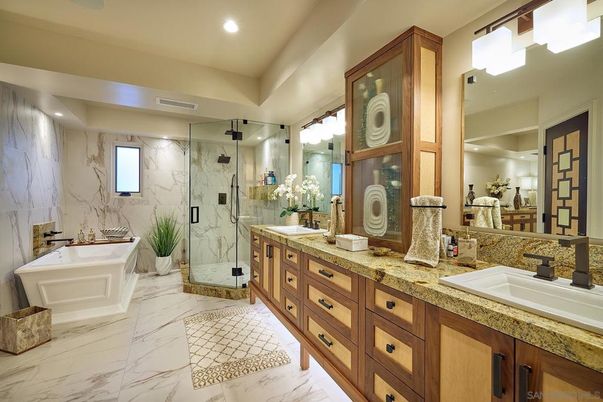 Bathroom, Dual Sink Vanities, Glass Shower, Interior, Marble, Marble Walls, Recessed Lighting