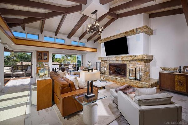 Chandelier, Fireplace, Interior, Living room, Pendant Lights, Wooden Beams