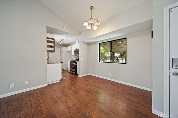 Chandelier, Empty room, Interior, Kitchen, Stainless Steel Appliances, Wood Texture Flooring