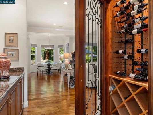 Dining room, Interior, Recessed Lighting, Wine Storage, Wood Texture Flooring