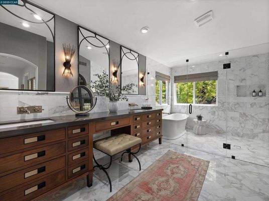 Bathroom, Dual Sink Vanities, Free Standing Baths, Interior, Marble, Marble Walls, Recessed Lighting