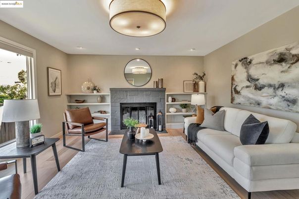 Fireplace, Interior, Living room, Recessed Lighting, Wood Texture Flooring
