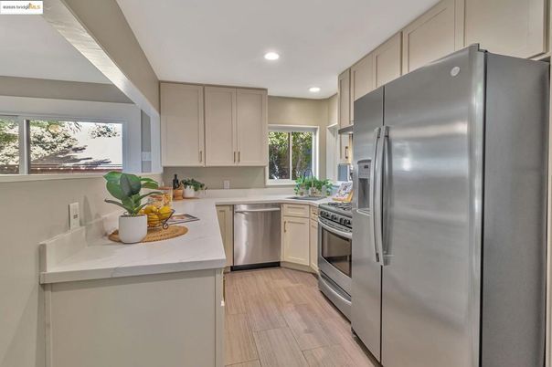 Interior, Kitchen, Recessed Lighting, Stainless Steel Appliances, Wood Texture Flooring