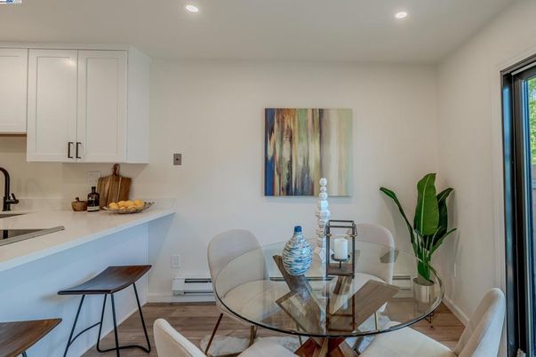 Dining room, Interior, Recessed Lighting, Wood Texture Flooring