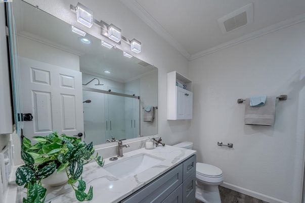 Bathroom, Glass Shower, Interior, Wood Texture Flooring