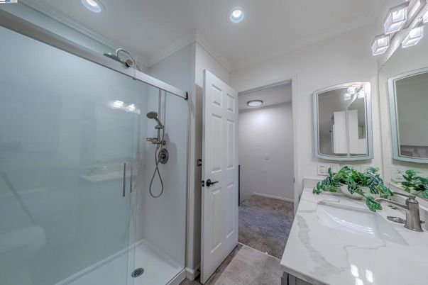 Bathroom, Dual Sink Vanities, Glass Shower, Interior, Recessed Lighting