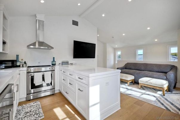 Interior, Kitchen, Living room, Recessed Lighting, Stainless Steel Appliances, Wood Texture Flooring