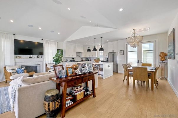 Chandelier, Dining room, Fireplace, Interior, Kitchen, Living room, Pendant Lights, Recessed Lighting, Wood Texture Flooring
