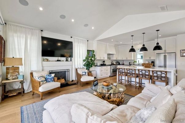 Dining room, Fireplace, Interior, Kitchen, Living room, Pendant Lights, Recessed Lighting, Stainless Steel Appliances, Wood Texture Flooring
