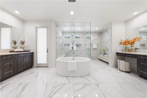 Bathroom, Free Standing Baths, Glass Shower, Interior, Marble, Marble Walls, Recessed Lighting