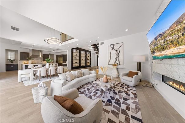 Dining room, Fireplace, Interior, Kitchen, Living room, Pendant Lights, Recessed Lighting, Wood Texture Flooring