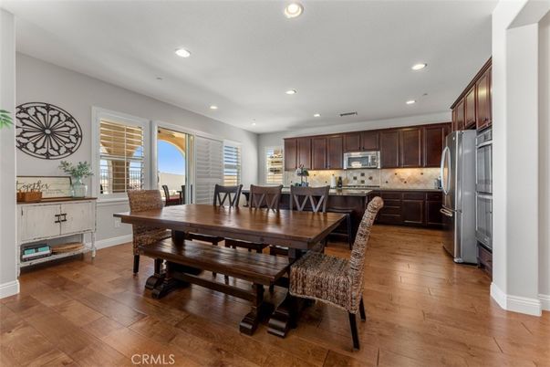 Dining room, Interior, Kitchen, Recessed Lighting, Stainless Steel Appliances, Wood Texture Flooring