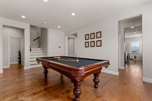 Billiard Table, Game Room, Interior, Recessed Lighting, Wood Texture Flooring