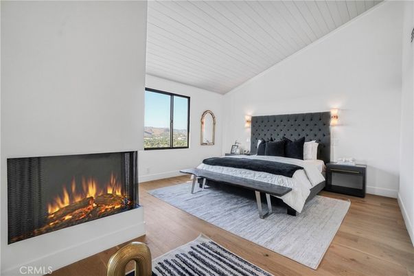 Bedroom, Fireplace, Interior, Wood Texture Flooring